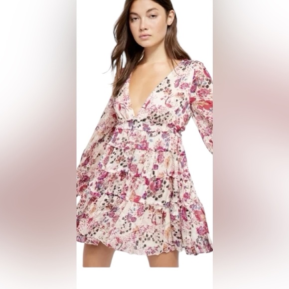 Free People -Closer to the Heart-mini-floral pink ivory long sleeve-Size Small - Picture 1 of 15